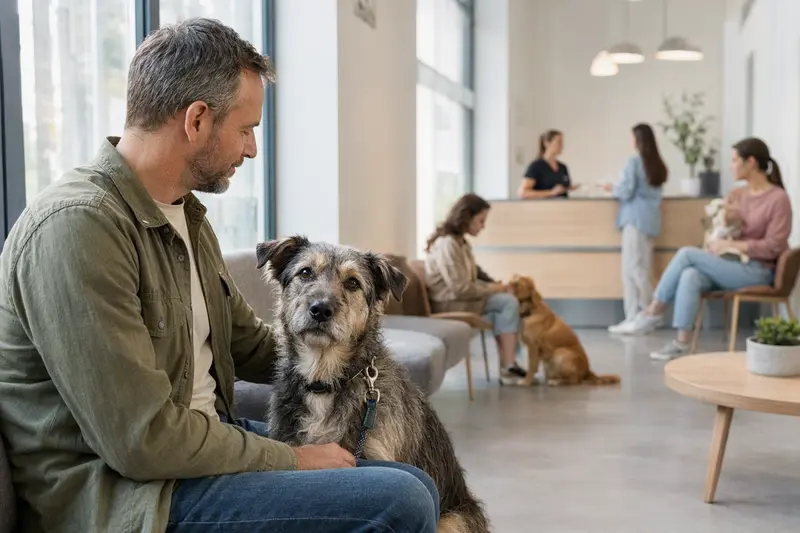Ein ruhiger Grahund sitzt im hellen Wartezimmer einer modernen Tierarztpraxis neben seinem Besitzer.